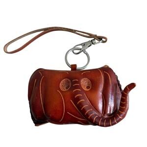 Handmade Elephant Leather Coin Purse Keychain Wristlet Brown Embossed Animal